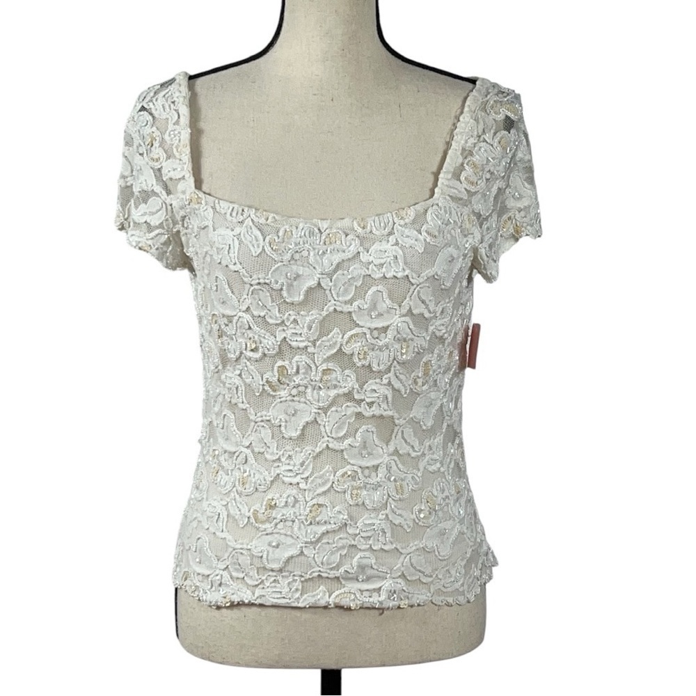CHETTA B Sherrie Bloom / Peter Noviello Beaded sequin Embroidery Lace top
